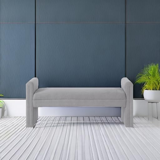 24KF Modern Upholstered Bed Bench Covered with Soft Boucle Teddy Fabric, Lovely Entryway Bench Ottoman with Armrest,5062-Gray