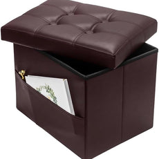 Storage Ottoman Foot Rest Stool, Small Leather Storage Ottomans Bench, Folding Footstool with Side Pockets, Foot Rest Under Desk for Living Room Bedroom, 16x12x12 in, Brown