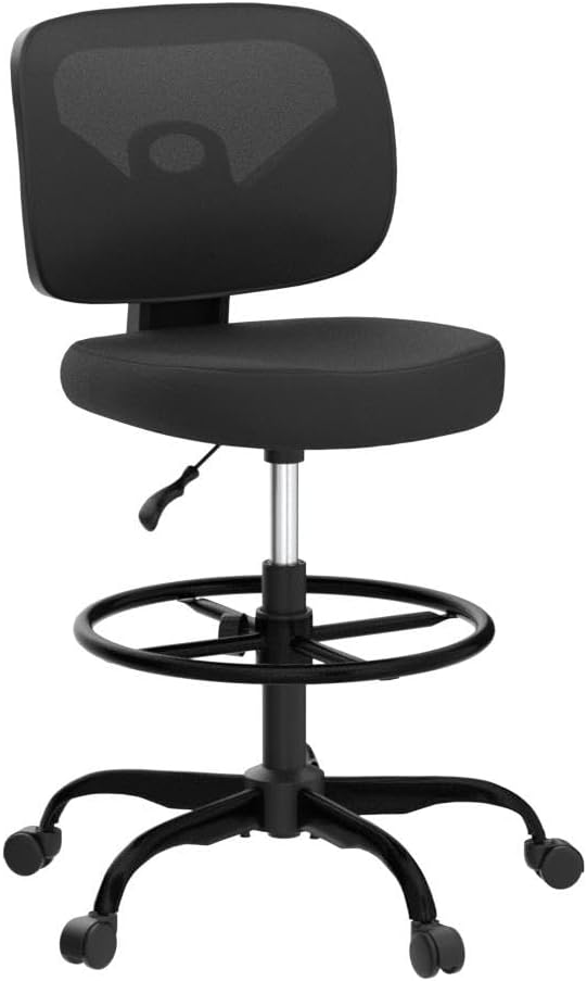 Primy Tall Drafting Desk Chair - Armless, Adjustable Height, Mesh Back, Rolling, Standing Desk Chair for Art Room, Office or Home (Black)