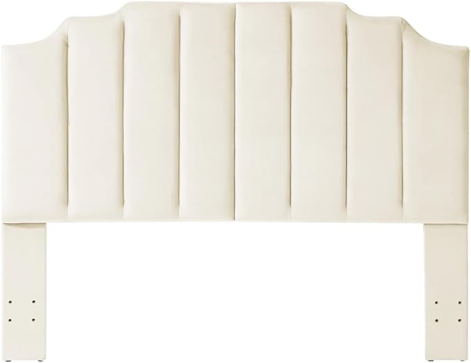 24KF Cream Velvet Tufted Queen Upholstered Headboard, Modern Vertical Channel Design California Queen/Full Headboard with Stepped Silhouette Top Edge,Cream