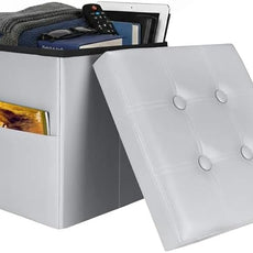 Storage Ottoman Foot Rest Stool, Small Leather Storage Ottomans Bench, Folding Footstool with Side Pockets, Foot Rest Under Desk for Living Room Bedroom, 15x15x15 in, Grey