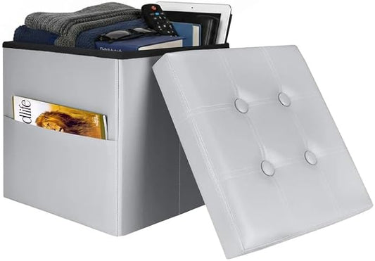 Storage Ottoman Foot Rest Stool, Small Leather Storage Ottomans Bench, Folding Footstool with Side Pockets, Foot Rest Under Desk for Living Room Bedroom, 15x15x15 in, Grey