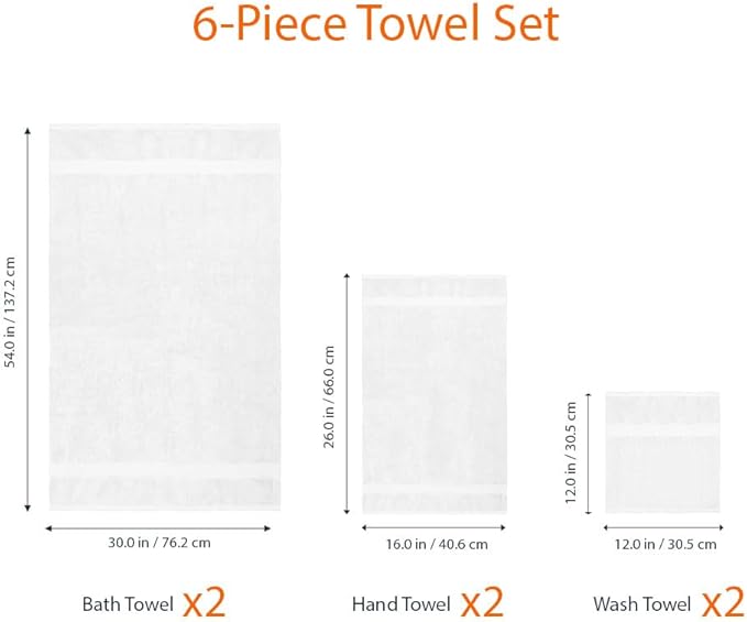 Amazon Basics 6 Piece Oversized Fade resistant Towel set, 100% Cotton towels for bathroom, soft and absorbent, 2 Bath Towels, 2 Hand Towels and 2 Washcloths bathroom towel set, White