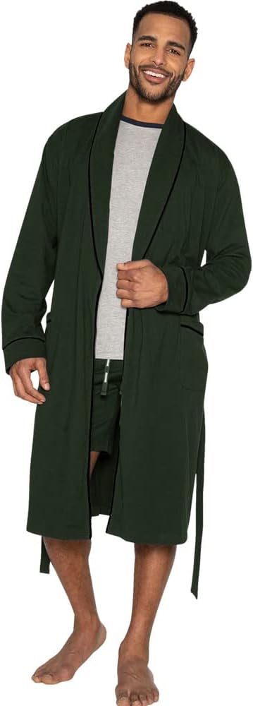 HOLOVE Men's Pure Cotton Bathrobe Lightweight Kimono and Hooded Spa Robes Soft Sleepwear