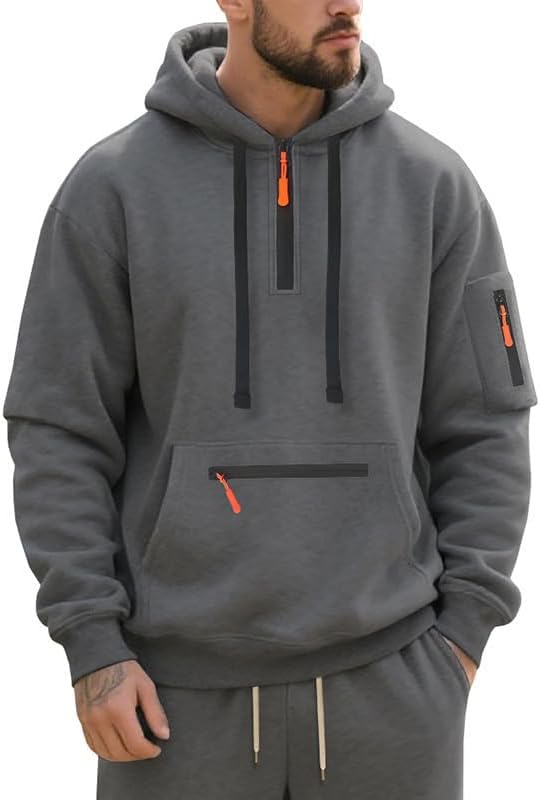 Men's Hooded Sweatshirt - Quarter Zip Pullover with Pockets Autumn Winter Casual Wear for Vacations