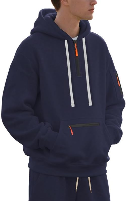 Men's Hooded Sweatshirt - Quarter Zip Pullover with Pockets Autumn Winter Casual Wear for Vacations