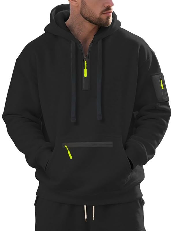 Men's Hooded Sweatshirt - Quarter Zip Pullover with Pockets Autumn Winter Casual Wear for Vacations