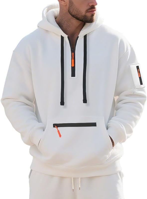 Men's Hooded Sweatshirt - Quarter Zip Pullover with Pockets Autumn Winter Casual Wear for Vacations