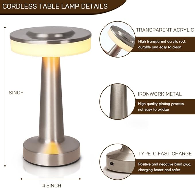 Cordless Metal Desk Lamp, Touch Sensor Control LED Table Lamp,3 Color Stepless Dimmable Battery Powered Lamp for Living Room, Dorm, Home Office (Light Silver)
