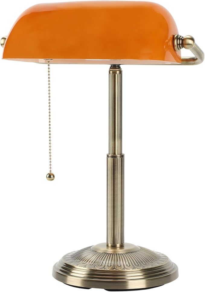 LINNMON Bankers Desk Lamp, Amber Retro Lamp, Vintage Lamp with Pull Chain Switch for Home Office (Brass+Amber)