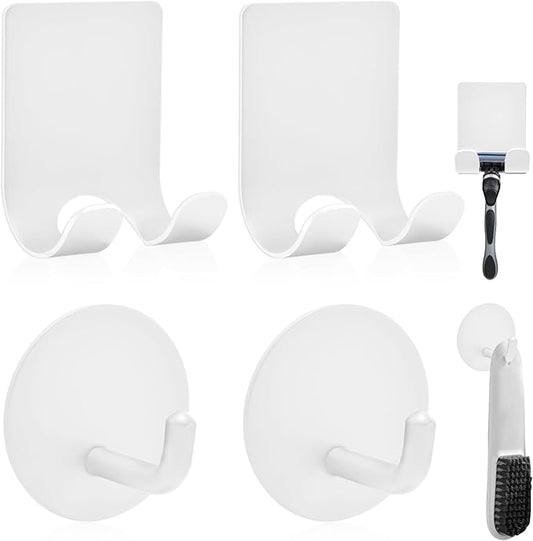 Diesisa Razor Holder for Shower + Adhesive Wall Hooks, Premium 304 Stainless Steel Shower Razor Holder with Heavy Duty Waterproof Sticky Hooks for Hanging Towels, Coat, hat (2+2 Pack)-White