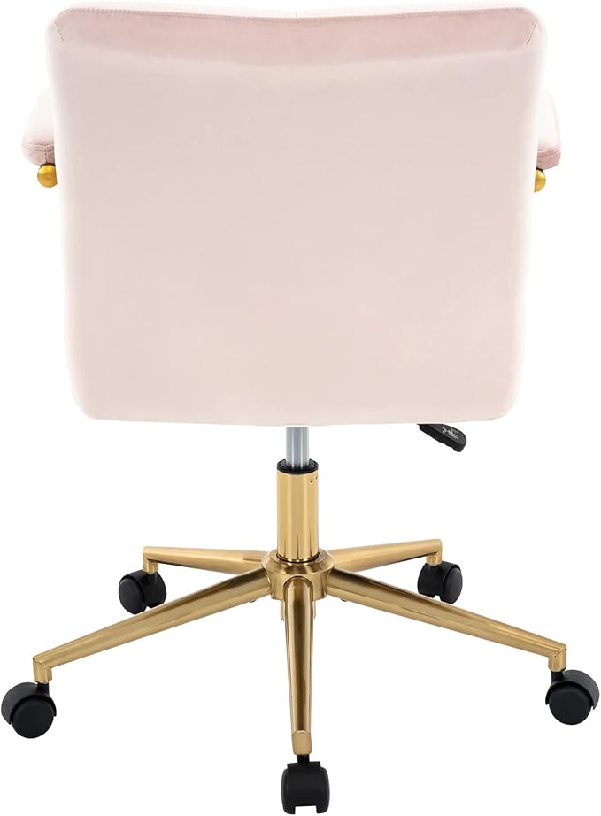 Velvet Home Office Desk Chair, Upholstered Adjustable Swivel Task Chair with Wheels, Tufted Mid-Back Computer Chair with Arms, for Study Living Room Vanity (Pink, Gold Base)