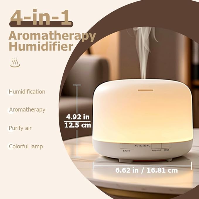 Essential Oil Diffuser 500ml,Aromatherapy Diffuser with 7 LED Lights,Quiet Air Humidifier 4-in-1 with Timer & Auto-Off,Compact Scent Diffuser for Bedroom,Yoga,SPA,Baby Room(Basic Edition)