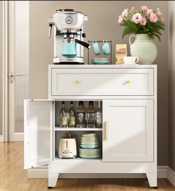 Metal Sideboard Cabinet, Small Pantry Sideboard Cabinets with 2 Doors and Adjustable Shelves, White Metal Buffet Cabinet for Kitchen Dining Room Living Room, Entryway, Bathroom,Office