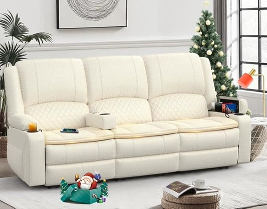 Recliner Sofa, 3 Seater Manual Reclining Sofa with 2-Tier Cushion, Reclining Couches for Living Room with Removable Console, Hidden Storage Space, Cup Holders - White
