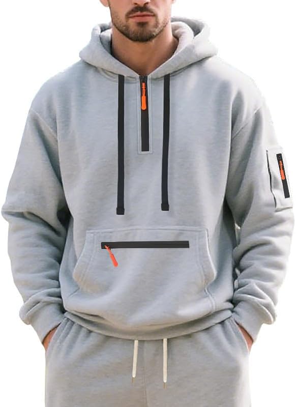 Men's Hooded Sweatshirt - Quarter Zip Pullover with Pockets Autumn Winter Casual Wear for Vacations