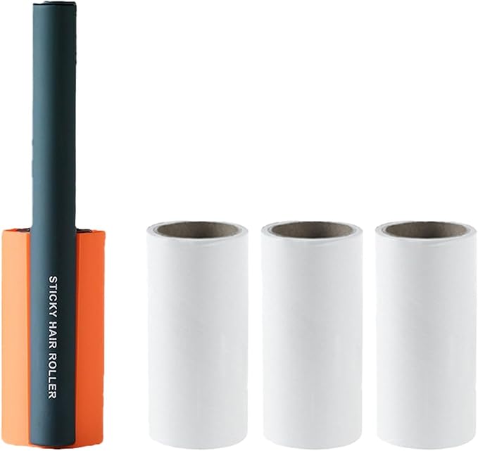 Sticky Lint & Pet Hair Remover Roller - 4 Adhesive Sheets Included (3 Refills) for Clothes, Furniture & Cars | Anti-Slip Handle, Dust-Proof Cover (Orange)