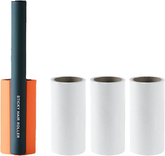 Sticky Lint & Pet Hair Remover Roller - 4 Adhesive Sheets Included (3 Refills) for Clothes, Furniture & Cars | Anti-Slip Handle, Dust-Proof Cover (Orange)