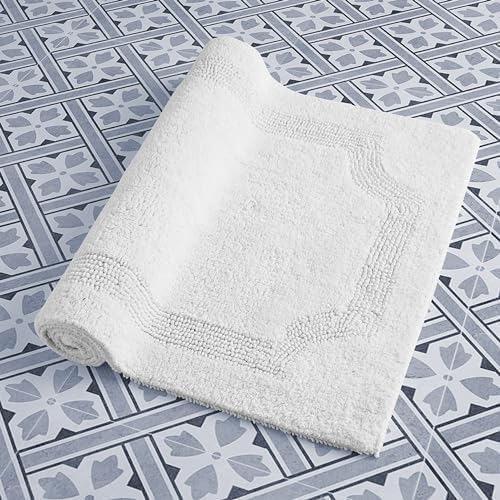Laura Ashley - Reversible Cotton Bath Mat, Premium Bathroom Décor, Machine Washable Bathroom Rug, Highly Absorbent, 21"x34", White
