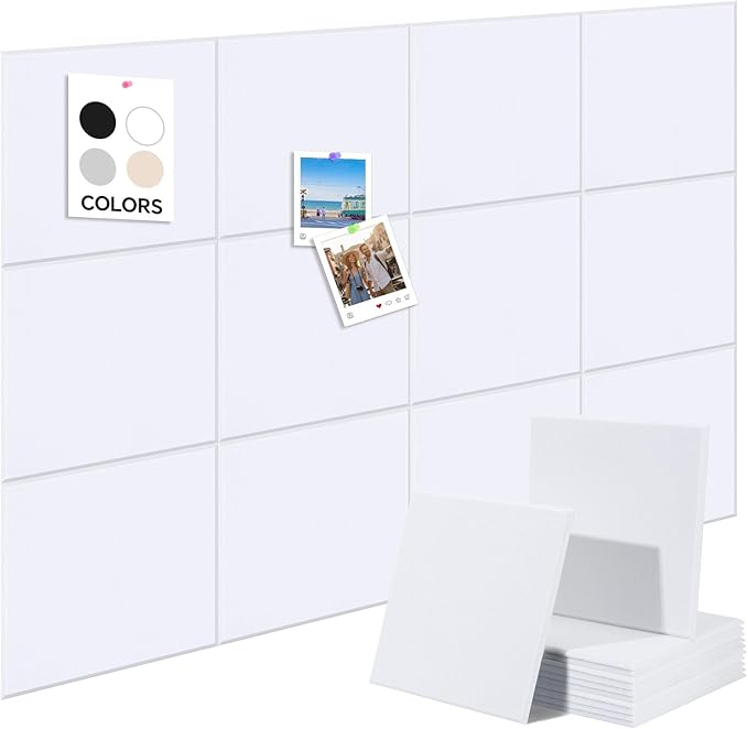 12-Piece White Felt Wall Panels 48×36", Damage-Free Bulletin Board Set with 100 Adhesive Pads & 35 Pushpins, Cork Board Alternative for Home Office Classroom