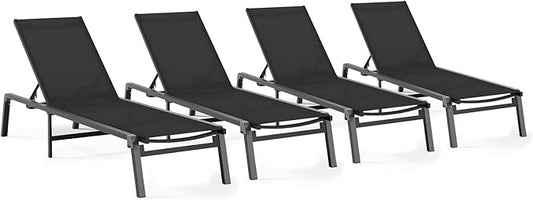 Patio Chaise Lounge Chair Set of 4, Foldable Lounge Chair for Outside, Aluminum Chairs with 5 Adjustable Backrest, Outdoor Pool Lounger for Poolside, Lawn, Patio, Black