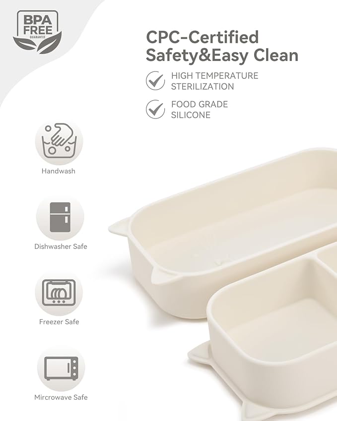 Baby Suction Plates for Toddlers, 6Pcs Travel Silicone Feeding Set for Toddlers/Kids, Foldable, Non-Slip Dishwasher Safe Plates & Utensils, BPA Free, Cat Design Gift Ready (Beige)