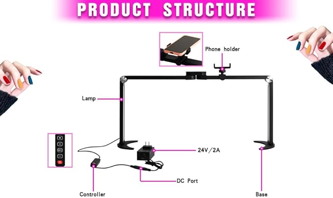 25inch Large Half Moon Light for Nail Tech, 5600K 3 Color Modes Infinitely Knob Arch Nail Light with Phone Holder Charging Function, Foldable Lighted Desk Lamp