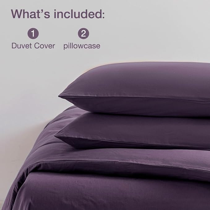 JELLYMONI Purple Bedding Duvet Cover Set - 100% Washed Cotton Linen Like Textured California King Comforter Cover, 3 Pieces Soft Bedding Set with Zipper Closure (Purple, Cal King 104"x98")