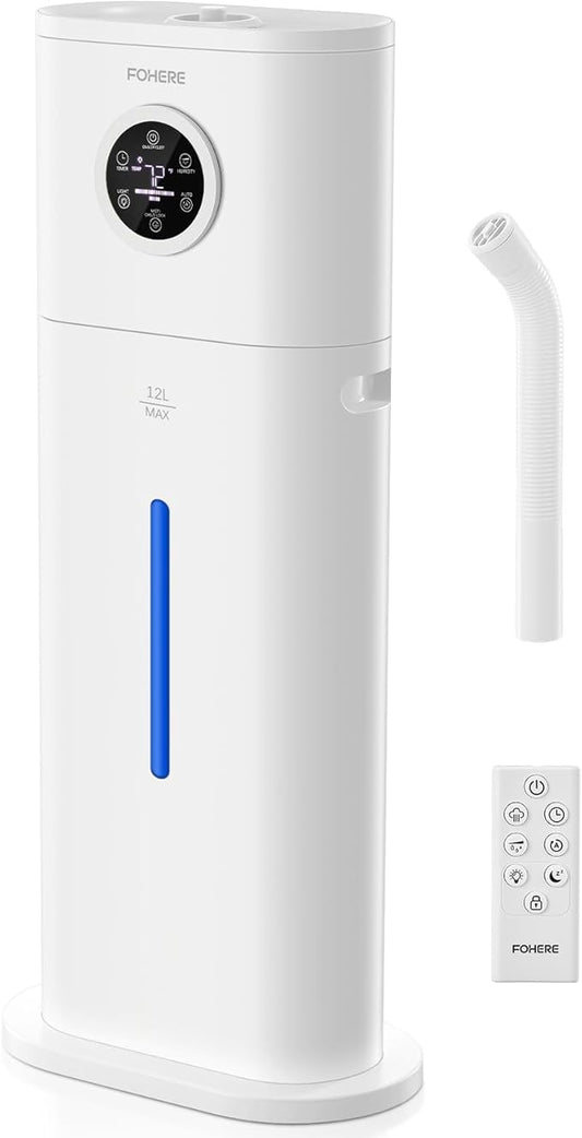 Humidifier for Large Room Home, 12L/3.17Gal Top Fill Cool Mist Ultrasonic Floor Quiet Humidifiers for Baby and Plants with Customized Humidity, Timer, Sleep Mode, Auto Shut Off, Quiet, White