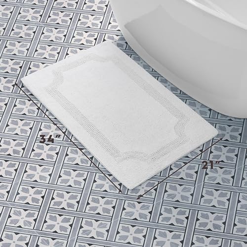 Laura Ashley - Reversible Cotton Bath Mat, Premium Bathroom Décor, Machine Washable Bathroom Rug, Highly Absorbent, 21"x34", White