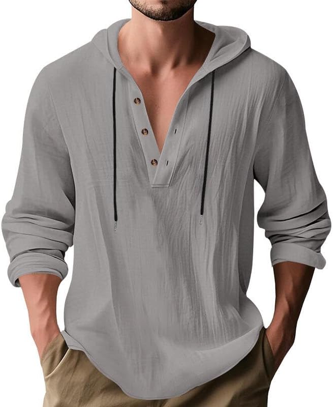 Men's Linen Blend Hoodie Long Sleeve Henley Pullover Sweatshirt Casual Loose Fit Top for Workout Beach Wear