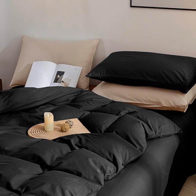 JELLYMONI Black Duvet Cover Full Size - 100% Washed Cotton Linen Like Textured Comforter Cover, 3 Pieces Breathable Soft Bedding Set with Zipper Closure (Black, Full 80"x90")