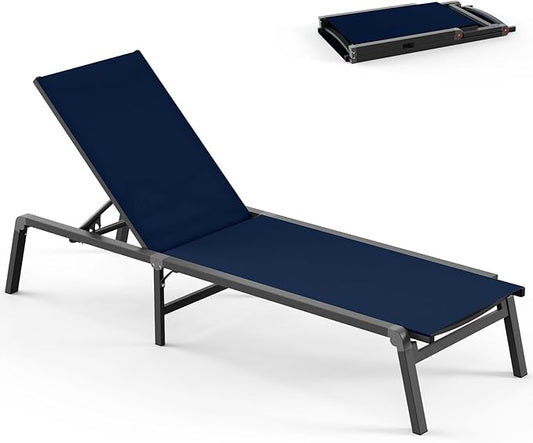 Foldable Pool Lounge Chairs, Aluminum Chaise Lounge Outdoor with 5 Positions Recliner - Free Assembly - Patio Lounge Chair for Poolside, Beach (Navyblue)