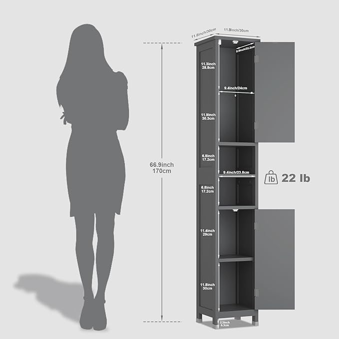 67" Tall Bathroom Storage Cabinet with Lights, Slim Narrow Bathroom Cabinet Organizer with Doors and Adjustable Shelves, Tall Cabinet for Small Space (66.9" Tall-Grey with Light, 1 Pack)
