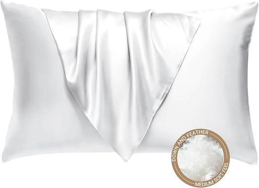 BHZ White Satin Goose Down Feather Pillows Queen Size with Pillowcase for Hair and Skin, Cooling Pillow Cases Similar to Silk Pillow Cases, Decorative for Women, Mom Men