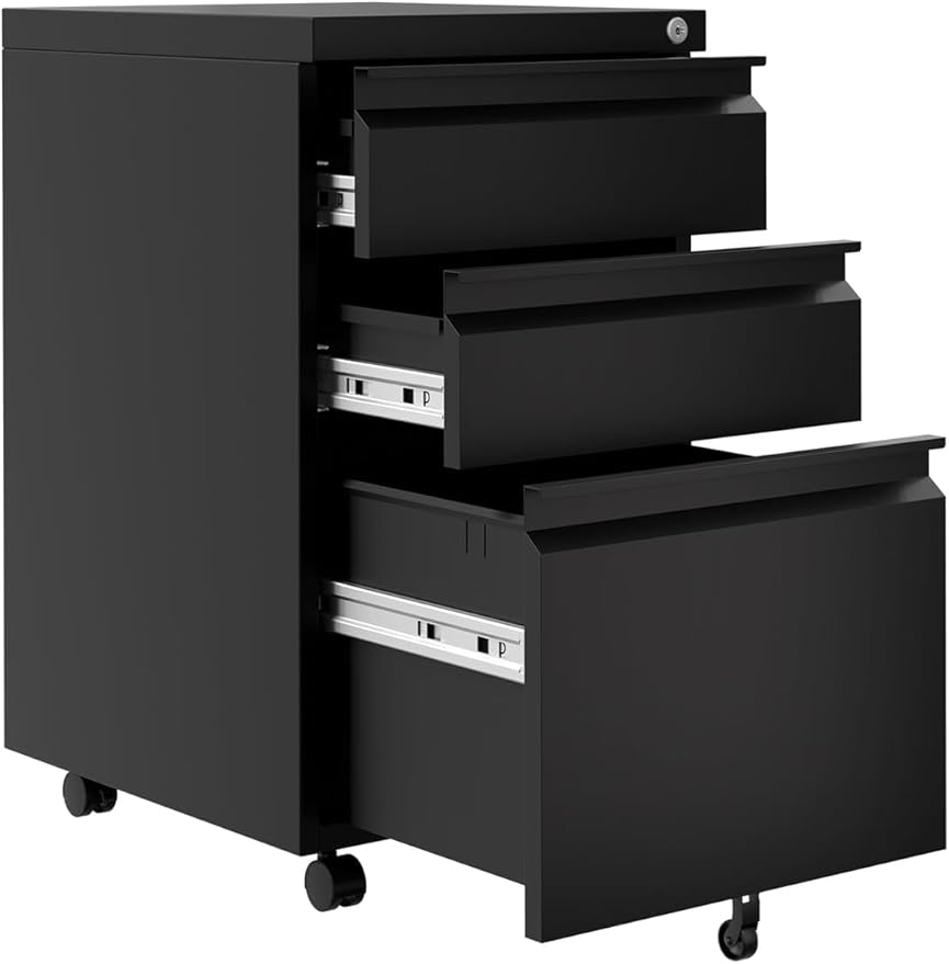 Three-Drawer Filing Cabinet Lockable Under-Desk Side Storage Cabinet Caster-Equipped Filing Cabinet Fits Legal/A4 Paper Sizes Adjustable Shelves Ideal for Office/Home Workspaces - Jet Black