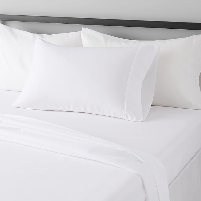 Amazon Basics Lightweight Super Soft Easy Care Wrinkle Free Microfiber 3 Piece Bed Sheet Set with 14-Inch Deep Pockets, Twin, Bright White, Solid, Kids, Men & Women Bedding AmazonBasics