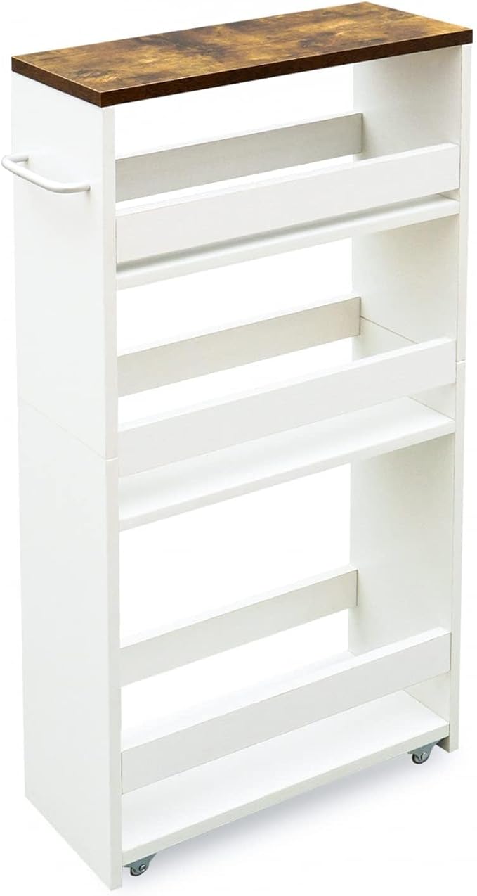 TEAMIX 4 Tier White Slim Storage Cart with Handle, Slide Out Storage Rolling Utility Cart Mobile Shelving Unit Organizer Trolley for Small Spaces Kitchen Laundry Narrow Places