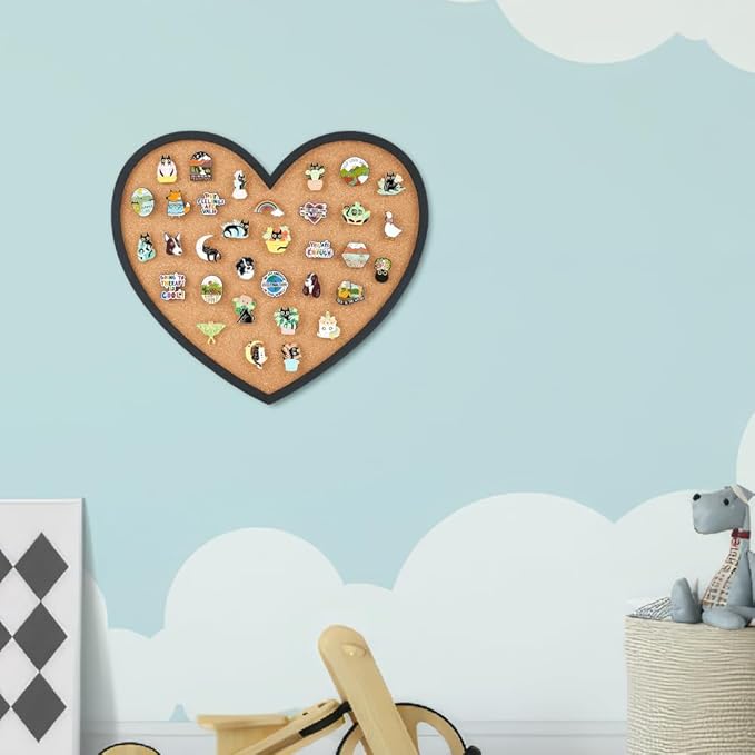 BENECREAT Pin Board Heart Cork Board Bulletin Display Board, 0.6inch Thick Wall Mounted Cork Board for Brooch Pin Storage, Office Home Festival Valentine's Decor, 11.8x10.2inch