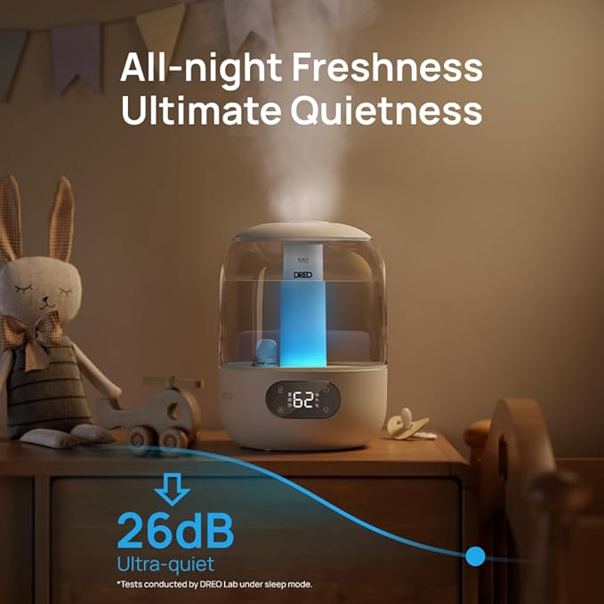 Dreo Humidifiers for Bedroom, 3L Top Fill 30H & 26dB Quiet Runtime for Large Room, Cool Mist Ultrasonic Humidifier with Humidity Sensor, Night Light for Home, Baby, Nursery, Plants, New Edition