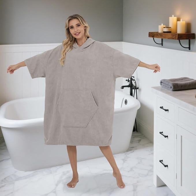 Surf Poncho Hooded Beach Towel, Quick Dry Terry Cloth, Extra Large Changing Robe with Pockets for Adults, Unisex Light Grey Cover-Up for Swim, Bath, Beach, Gift for Swimmer Lovers