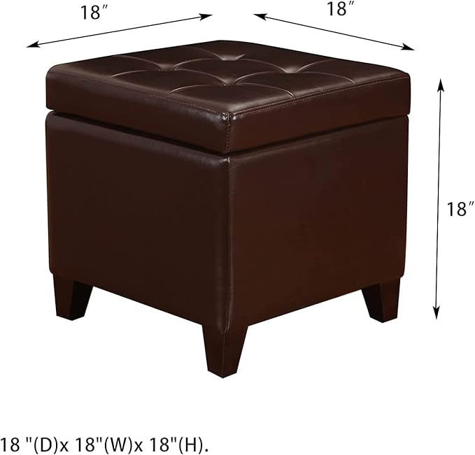 Tufted Leather Square Storage Ottoman, Lift Top Cube Footstool with Hinged Lid Footrest with Wood Legs (Brown)