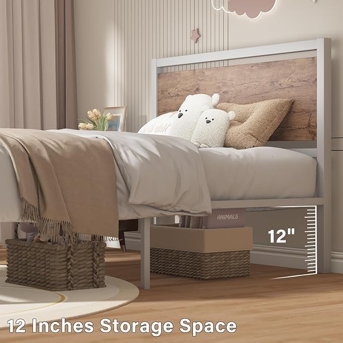 Full Size Bed Frame, Full Bed Frame with Headboard, Industrial Style Bed Frame Full Size with Wooden Footboard, No Box Spring Needed, Noise-Free, Easy Assembly, White Brown