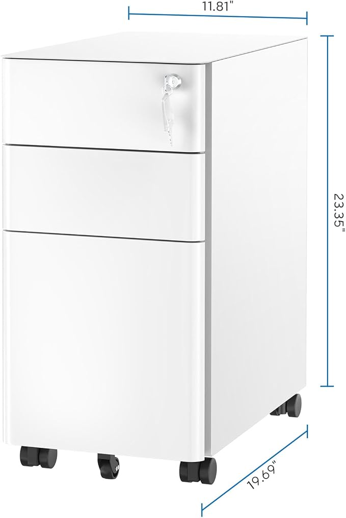 Mount-It! Slim Rolling File Cabinet, Under Desk Mobile Filing Cabinet with 3 Drawers and Lock, Steel Storage for Home Office and Small Business, White