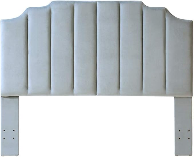 24KF Steel Gray Velvet Tufted Queen Upholstered Headboard, Modern Vertical Channel Design California Queen/Full Headboard with Stepped Silhouette Top Edge, 6026-Q-New Steel Gray