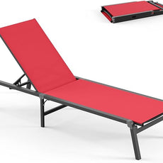 Foldable Pool Lounge Chairs, Aluminum Chaise Lounge Outdoor with 5 Positions Recliner - Free Assembly - Patio Lounge Chair for Poolside, Beach (Red)