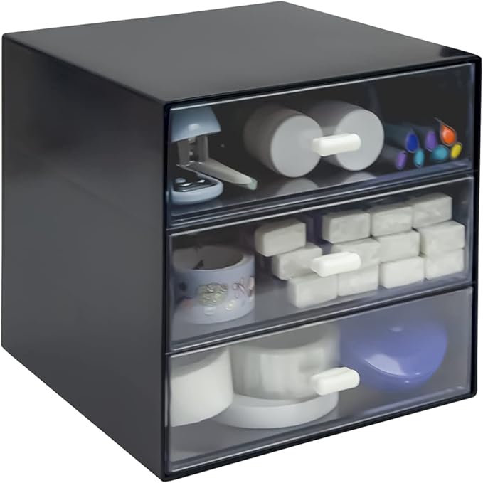 Desk Organizer with Drawer, Desk Storage Box, Plastic Office Stationery Supplies Organizers, Desktop Organizer for Office School Home (3 drawer, Black)