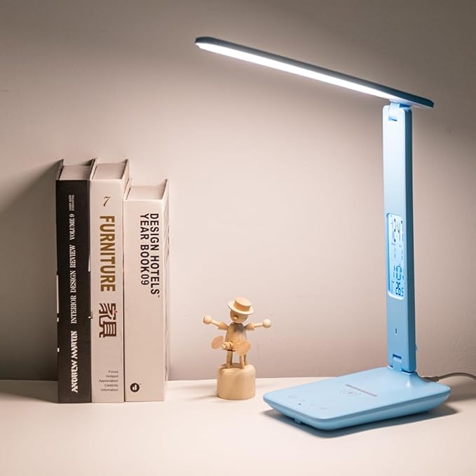 Multifunctional LED Desk Lamp with Wireless Charger,USB Charging Port,Clock,Phone Holder,Desk Lamps for Home Office,Eye-Caring Reading Lamp,Study Lamp for Boys,Girls,Teens,Blue