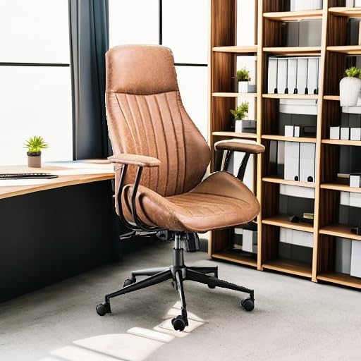 ovios Ergonomic Office Chair, High Back Faux Leather Executive Chairs with Armrests, Comfy High-Century Modern Swivel Rolling Computer Armchair (Brown, Suede Leather)
