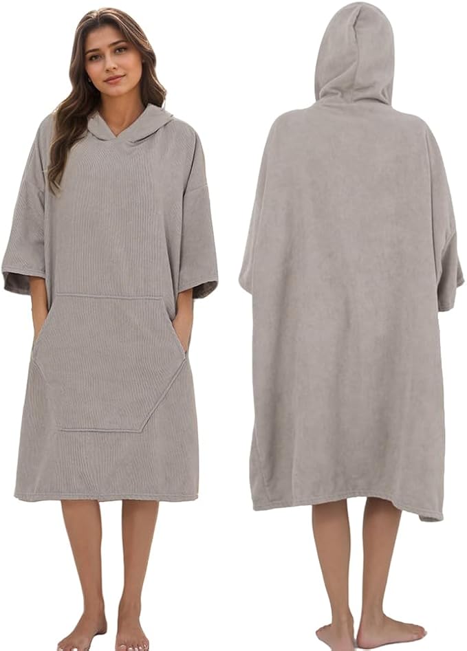 Surf Poncho Hooded Beach Towel, Quick Dry Terry Cloth, Extra Large Changing Robe with Pockets for Adults, Unisex Light Grey Cover-Up for Swim, Bath, Beach, Gift for Swimmer Lovers